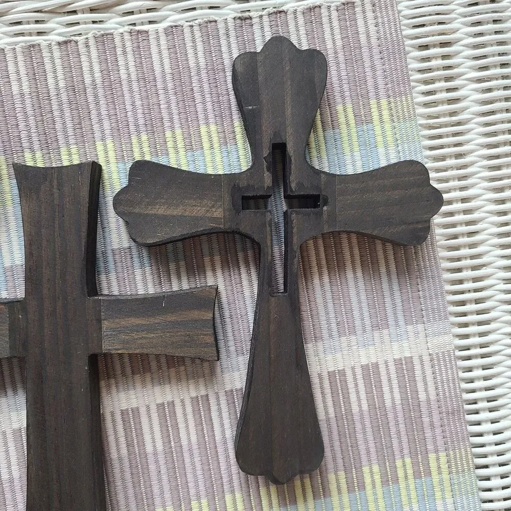Vintage Rustic Dark Wood Wall Crosses – Set of 4 Handmade Decorative Crosses
